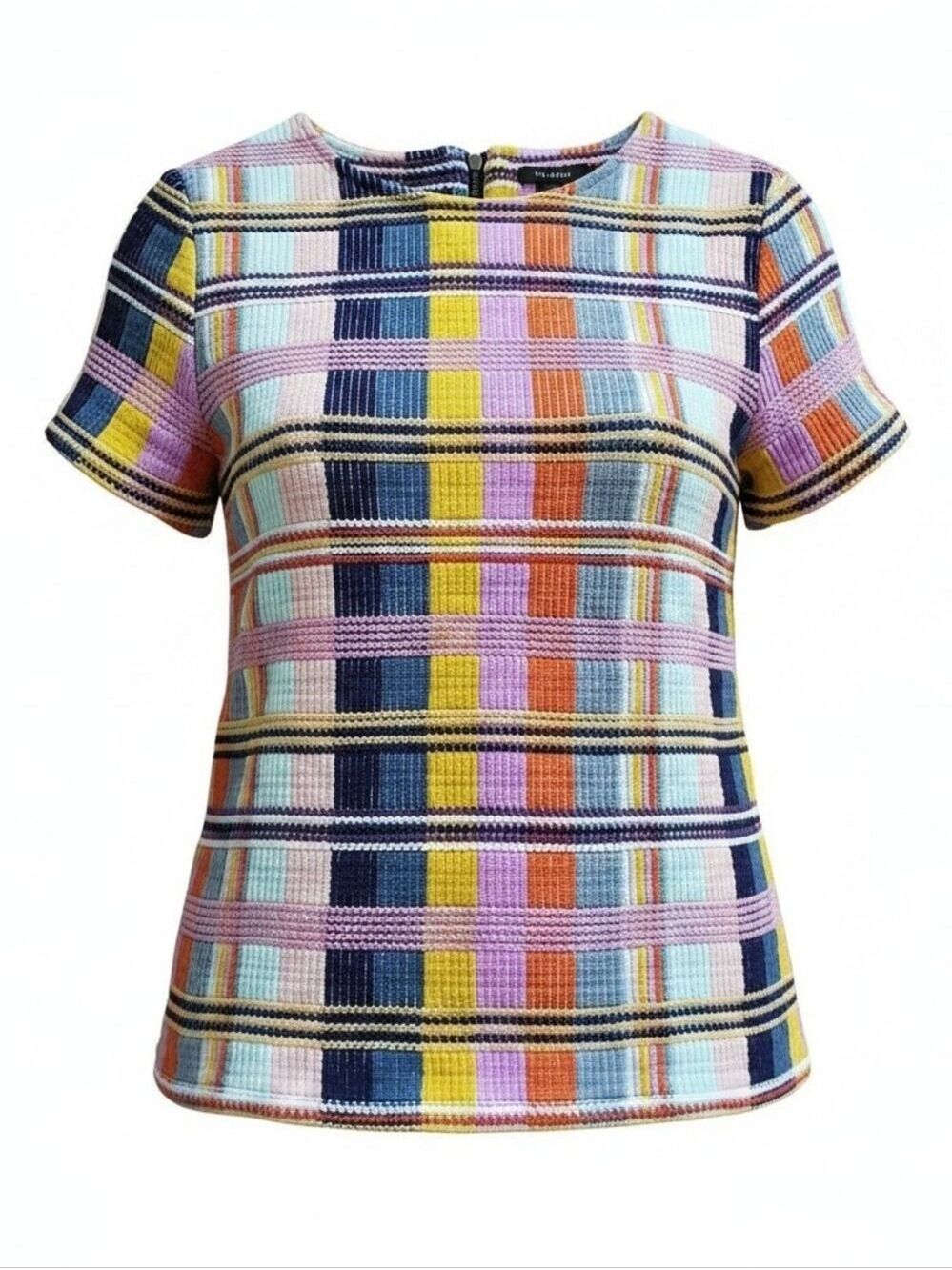 Halogen Multicolor Plaid Knit Short Sleeve Top Women's Size Medium